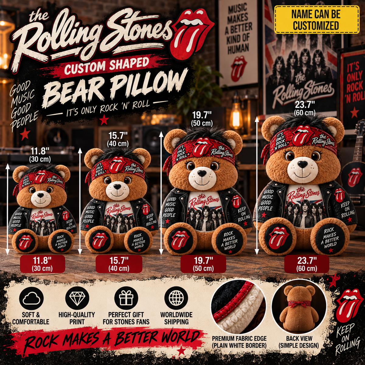 The Rolling Stones Custom Shaped Bear Pillow – Classic Rock Inspired Gift for Rolling Stones Fans