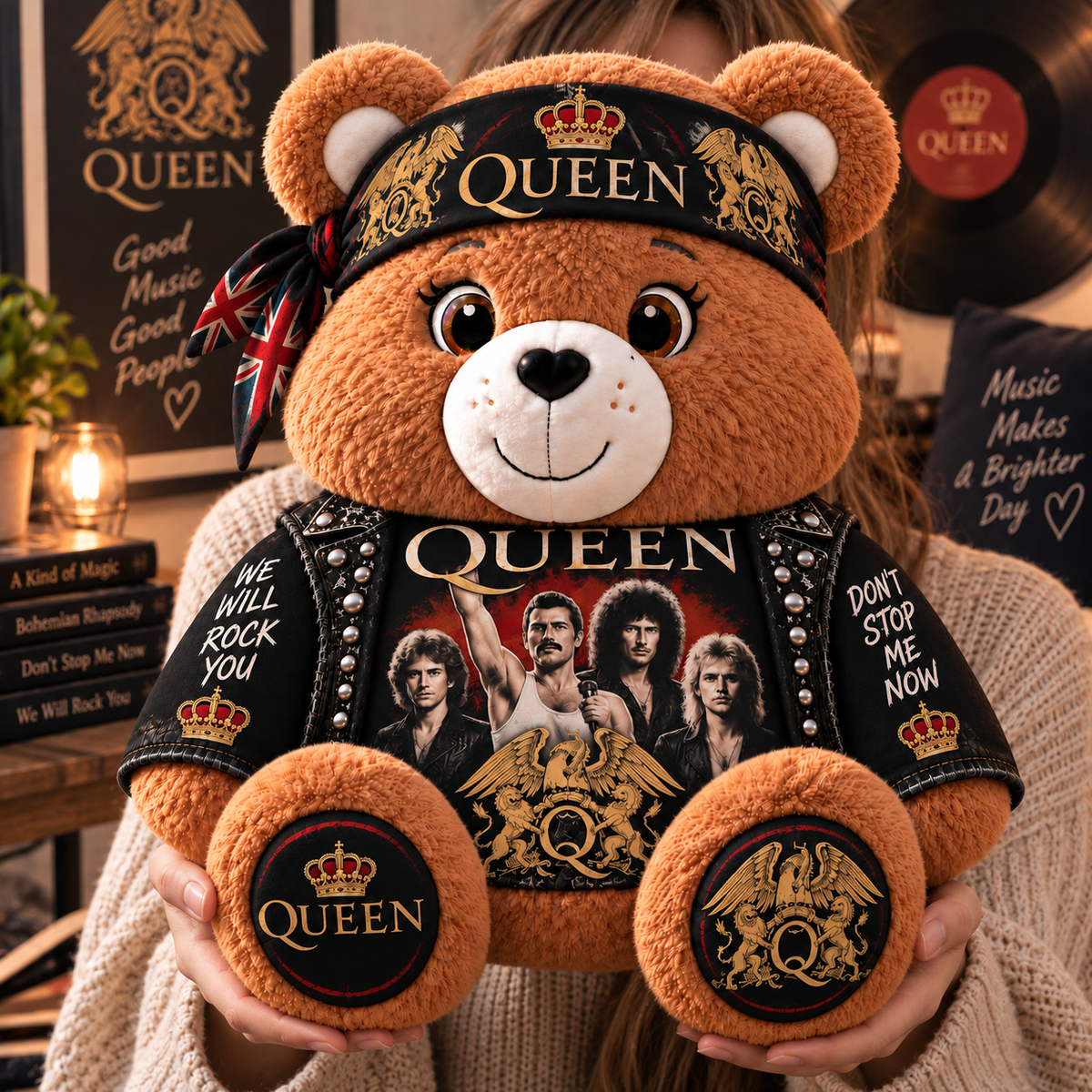 Queen Custom Shaped Bear Pillow – Classic Rock Inspired Gift for Queen & Freddie Mercury Fans