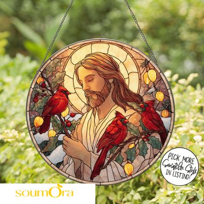 Christian With Cardinals Stained Glass Suncatcher