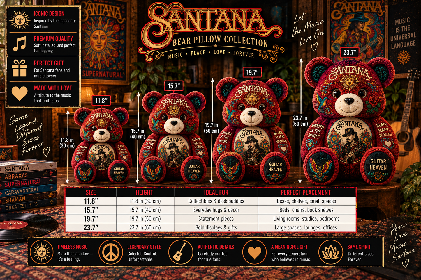 Santana Bear Custom Shaped Pillow –  Smooth Guitar Legend Music Fan Gift