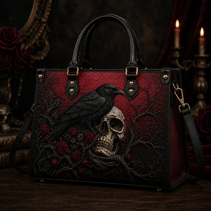 The Raven Gothic Leather Handbag – Dark Literary Skull & Rose Bag