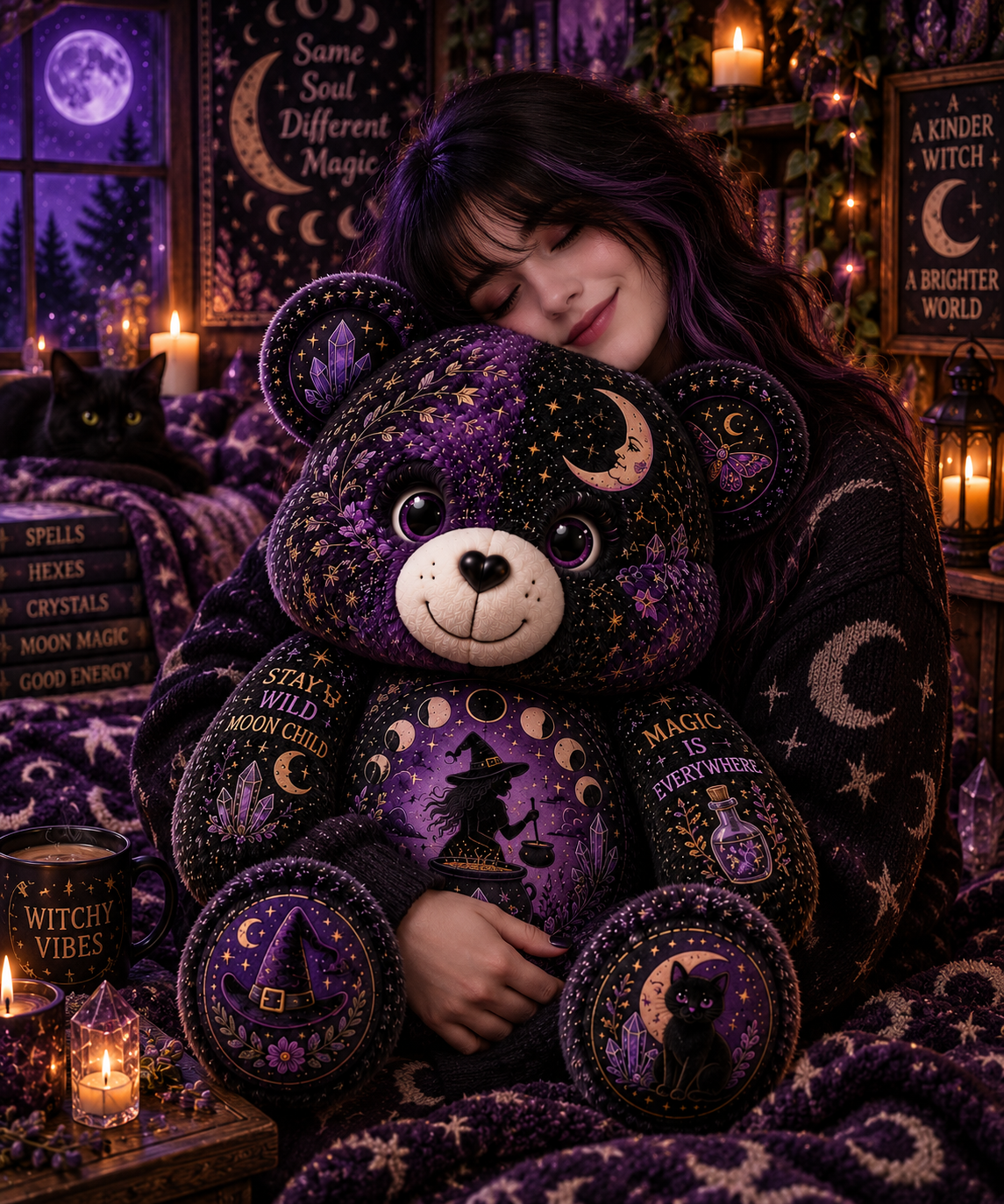 Celestial Witch Bear Custom Shaped Pillow – Moon Magic, Crystal & Black Cat Witchy Gift