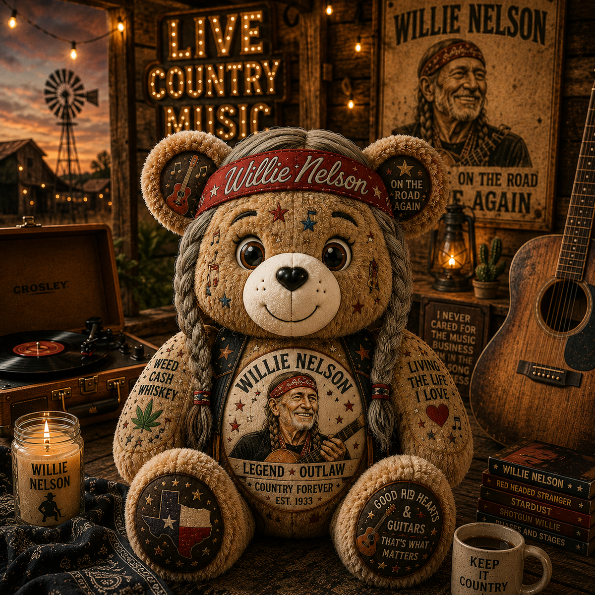 Willie Nelson Bear Custom Shaped Pillow – Gift for Fans & Country Music Lovers