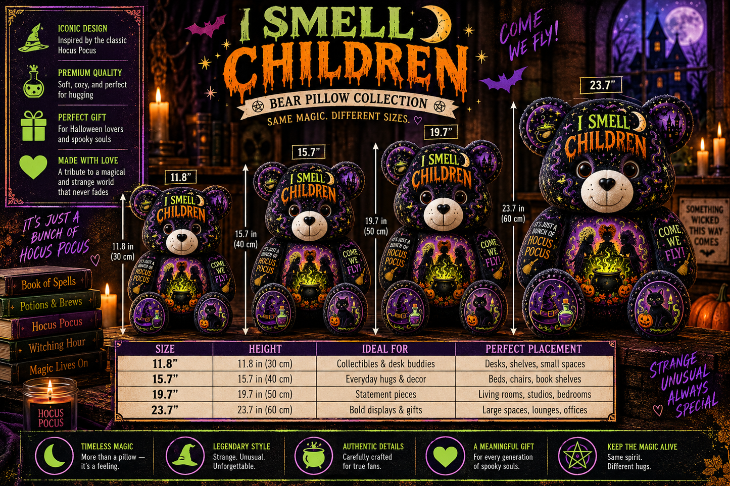 I Smell Children Witch Bear Custom Shaped Pillow – Hocus Pocus Halloween Spooky Gift