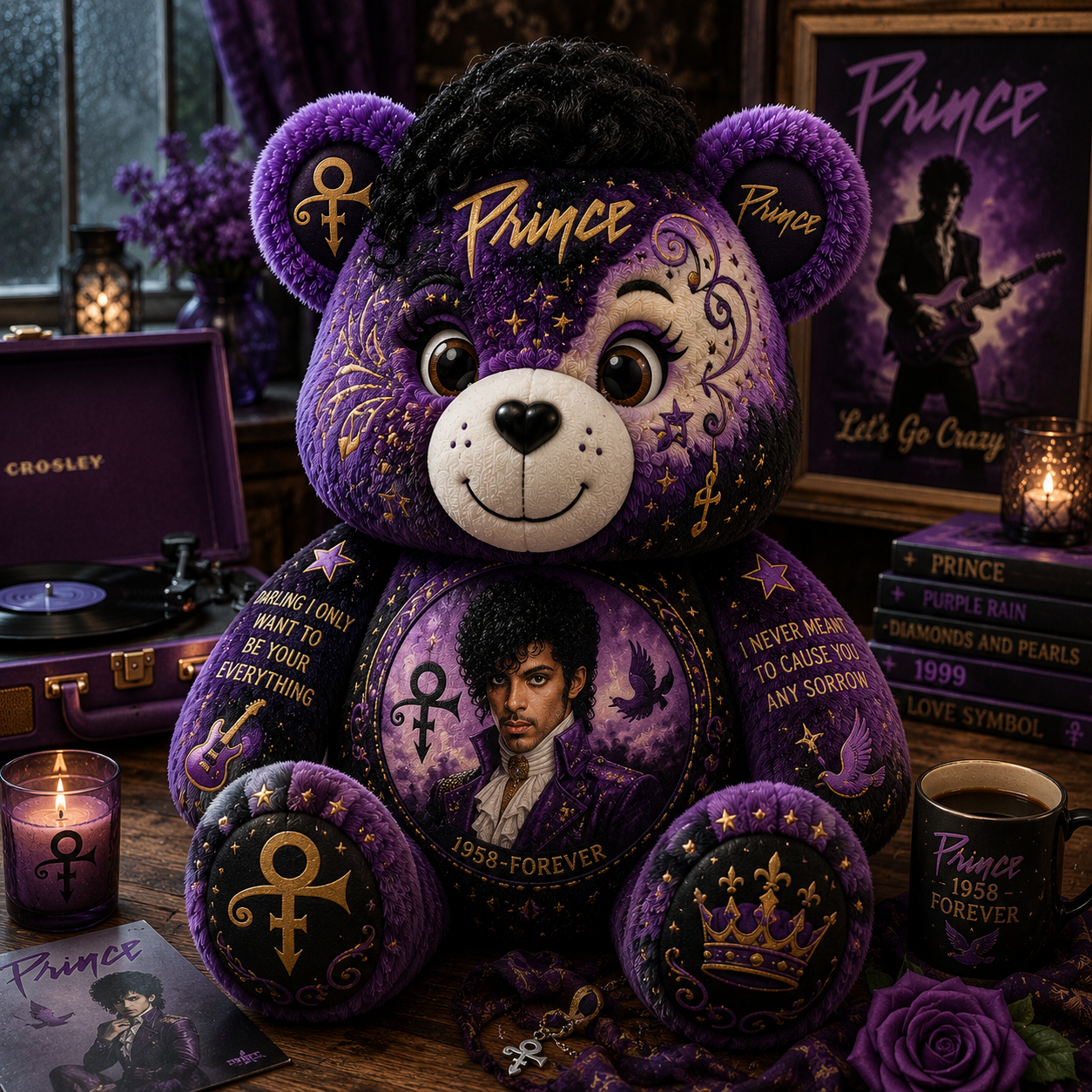 Prince Bear Custom Shaped Pillow – Gift for Prince Fans & Purple Rain Music Lovers