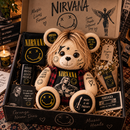 Nirvana Kurt Cobain Bear Custom Shaped Pillow – Smells Like Teen Spirit Grunge Music Fan Gift, 90s Rock Collectible