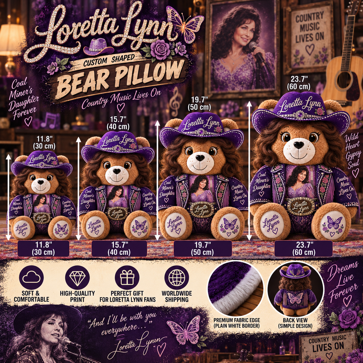Loretta Lynn Custom Shaped Bear Pillow – Coal Miner’s Daughter Country Music Inspired Gift for Loretta Lynn Fans