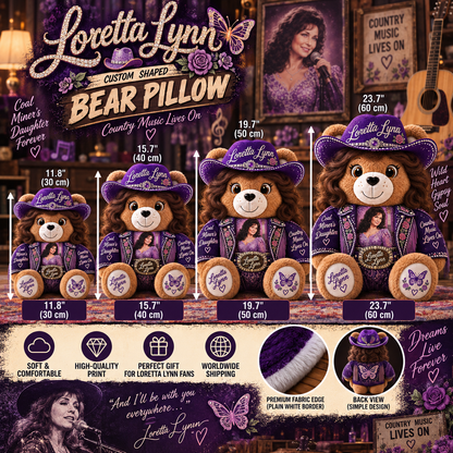 Loretta Lynn Custom Shaped Bear Pillow – Coal Miner’s Daughter Country Music Inspired Gift for Loretta Lynn Fans