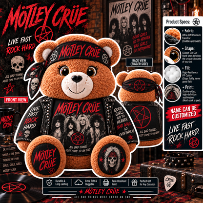 Mötley Crüe Custom Shaped Bear Pillow – Live Fast Rock Hard Hair Metal Rock Music Inspired Gift for Mötley Crüe Fans