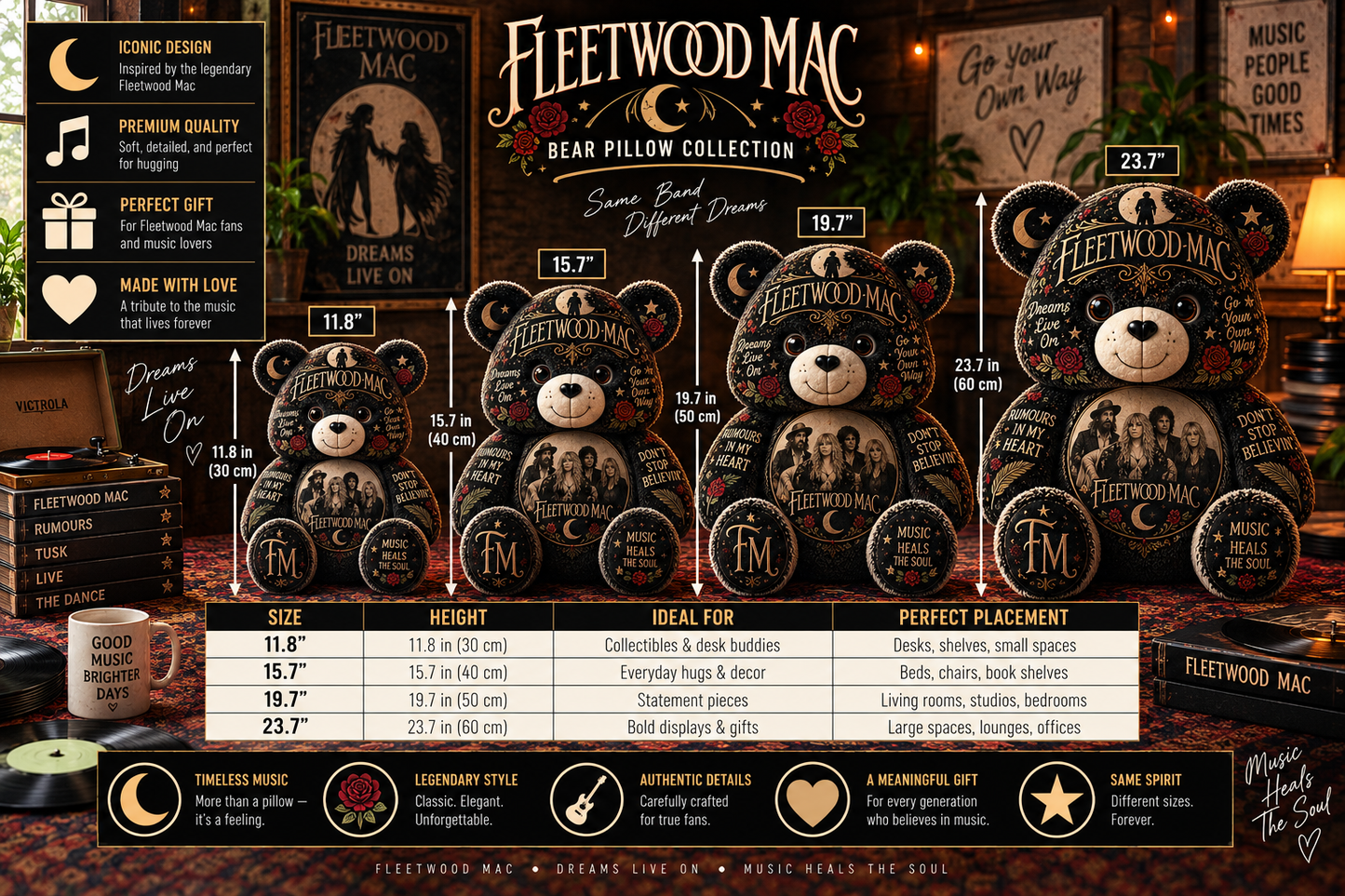Fleetwood Mac Bear Custom Shaped Pillow – Classic Rock Music Fan Gift, Vintage Rock Collectible