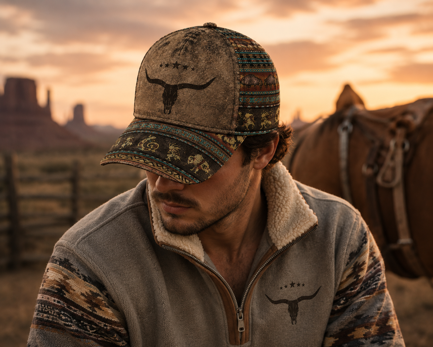 Western Longhorn Cap – Southwestern Cowboy Tribal Hat, Rustic Ranch Gift