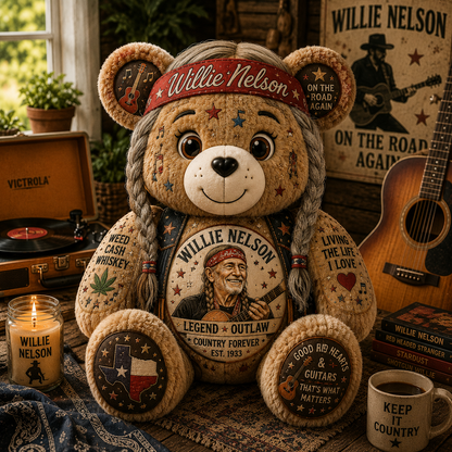 Willie Nelson Bear Custom Shaped Pillow – Gift for Fans & Country Music Lovers