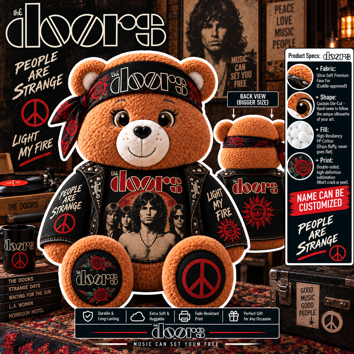 The Doors Custom Shaped Bear Pillow – People Are Strange Light My Fire Classic Rock Music Inspired Gift for The Doors Fans