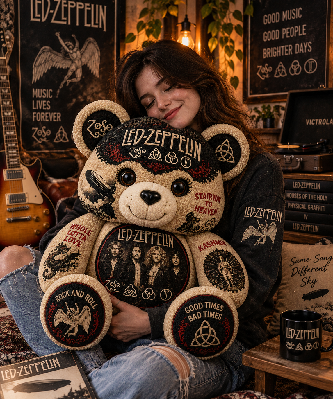 Led Zeppelin Bear Custom Shaped Pillow – Rock Music Legend Gift