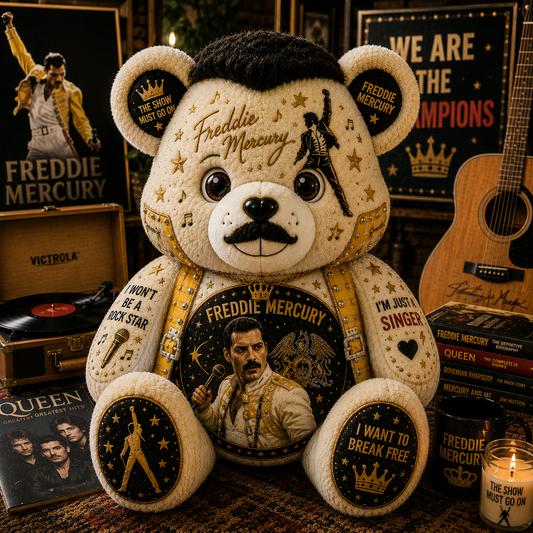 Freddie Mercury Bear Custom Shaped Pillow – Rock Music Legend Gift