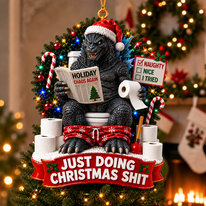 Godzilla Just Doing Christmas Shit Ornament – Funny Christmas Monster Holiday Decor, Godzilla Fan Gift