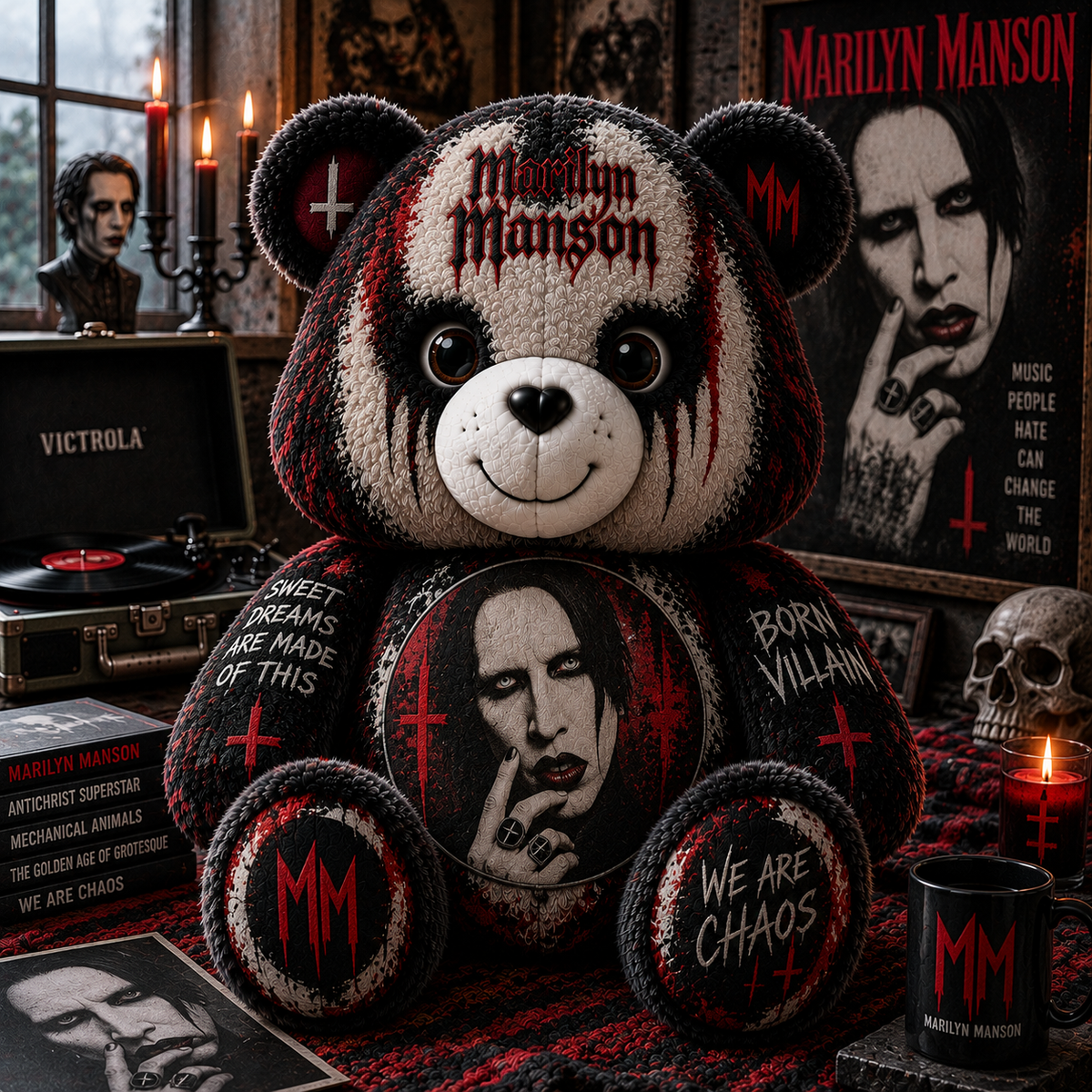 Marilyn Manson Custom Shaped Bear Pillow – Gothic Rock Music Inspired Gift for Fans