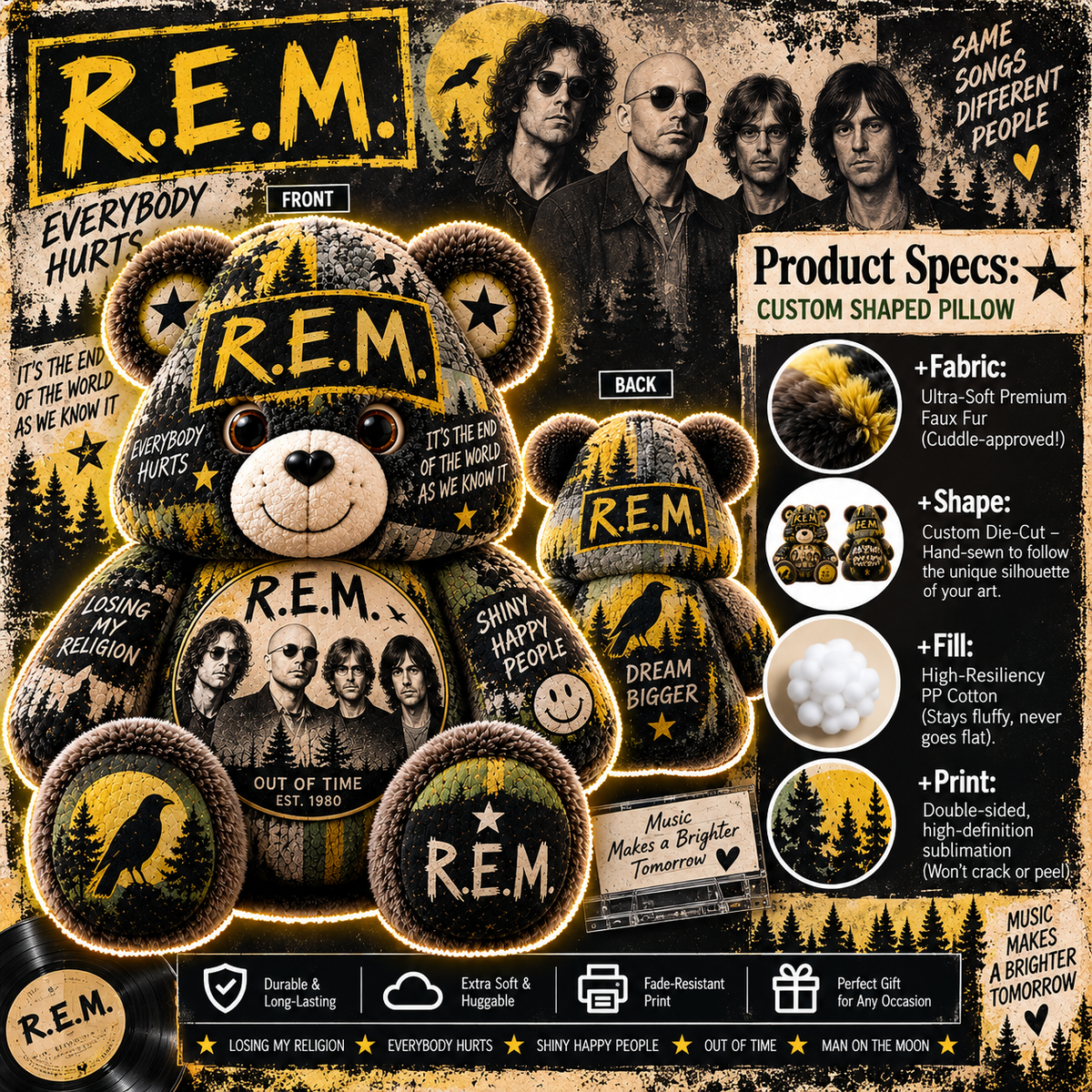 R.E.M. Bear Custom Shaped Pillow – Alternative Rock Music Fan Gift