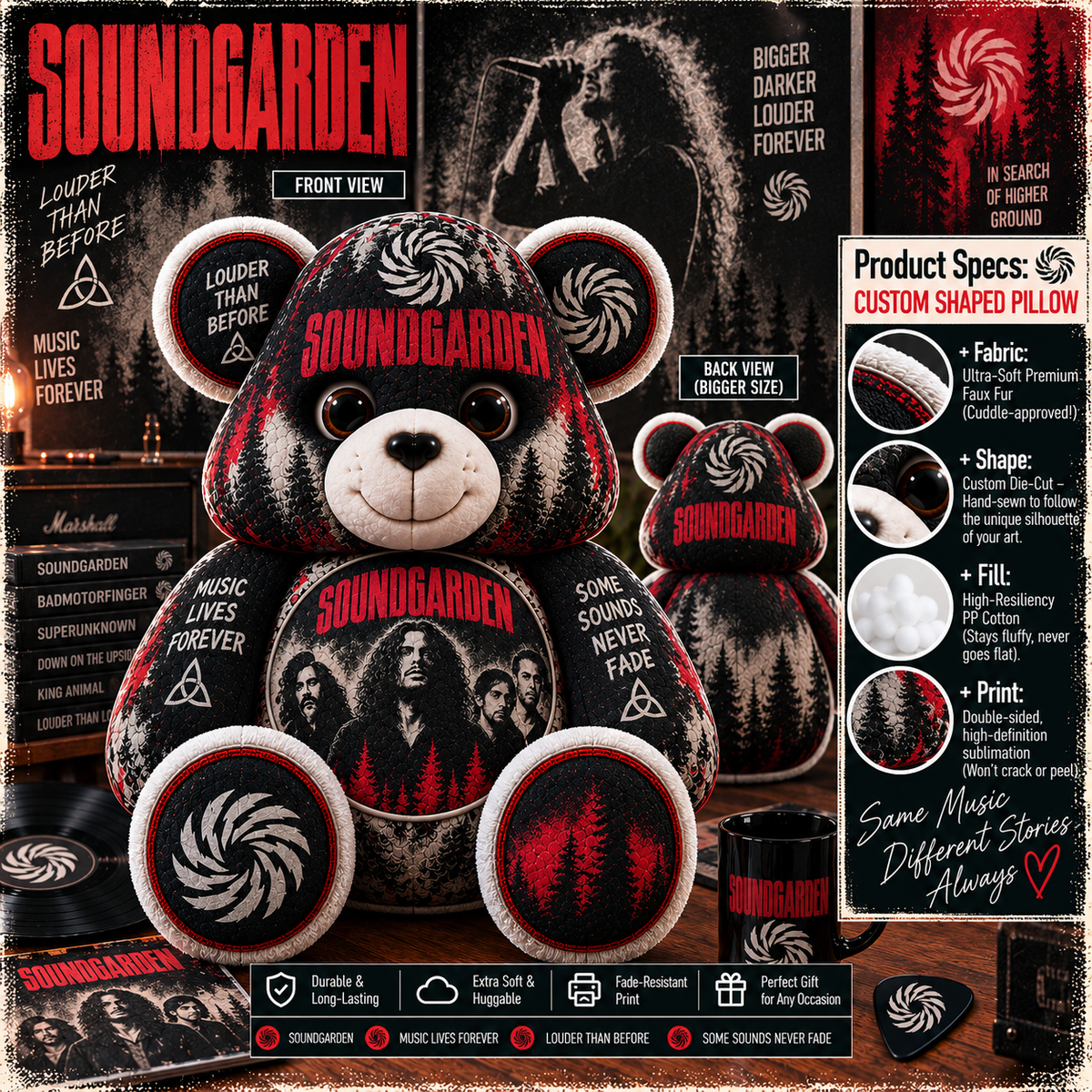 Soundgarden Custom Shaped Bear Pillow – Grunge Rock Music Inspired Gift for Fans