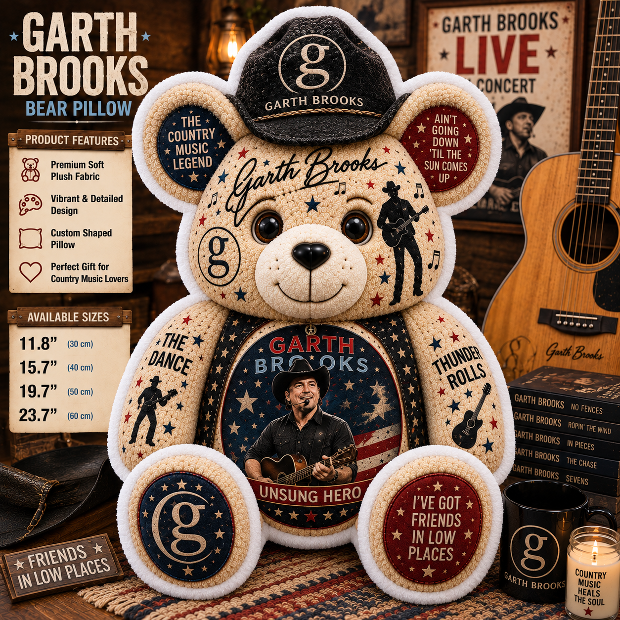 Garth Brooks Bear Custom Shaped Pillow – Rock Music Legend Gift