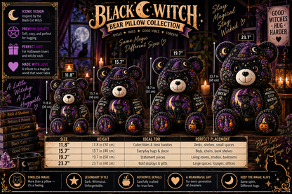 Black Cat Witch Bear Custom Shaped Pillow – Stay Magical, Stay Wicked Halloween Witchy Gift