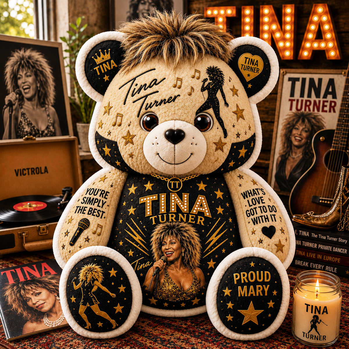Tina Turner Bear Custom Shaped Pillow – Music Legend Fan Gift