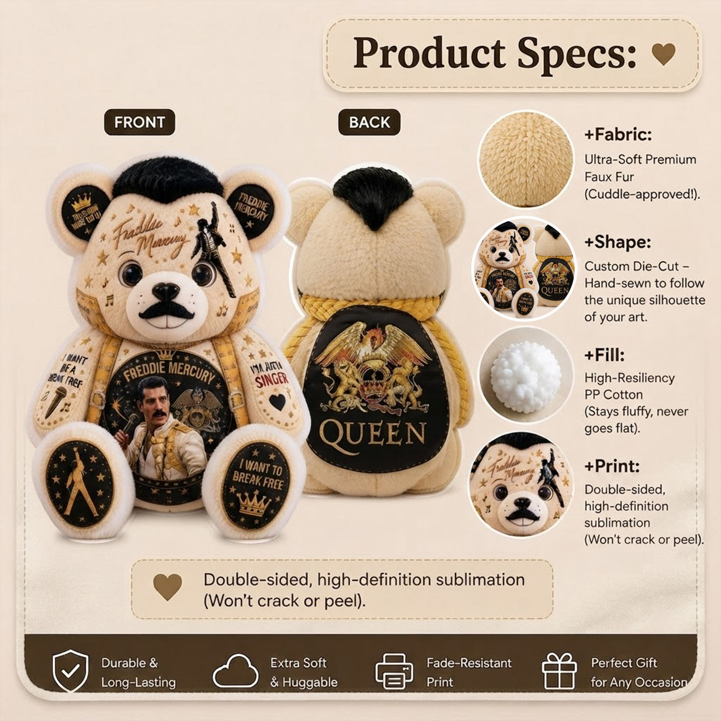 Freddie Mercury Bear Custom Shaped Pillow – Rock Music Legend Gift