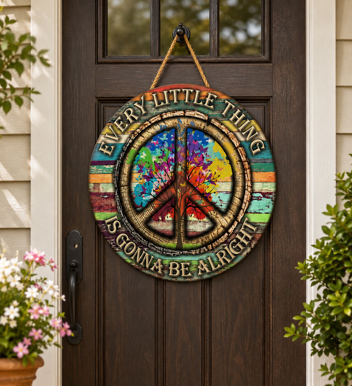 Hippie Peace Every Little Thing Is Gonna Be Alright - Beautiful Round Wood Sign