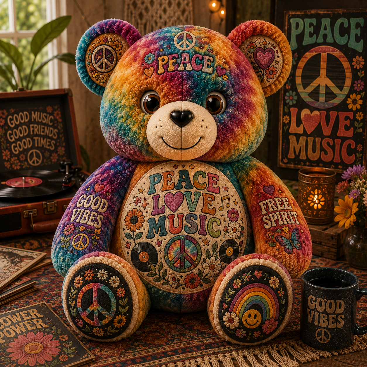 Peace Love Music Bear Custom Shaped Pillow – Hippie Good Vibes & Free Spirit Gift