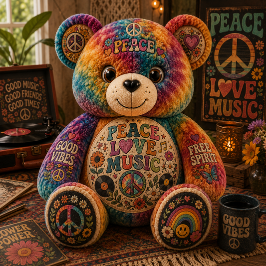 Peace Love Music Bear Custom Shaped Pillow – Hippie Good Vibes & Free Spirit Gift