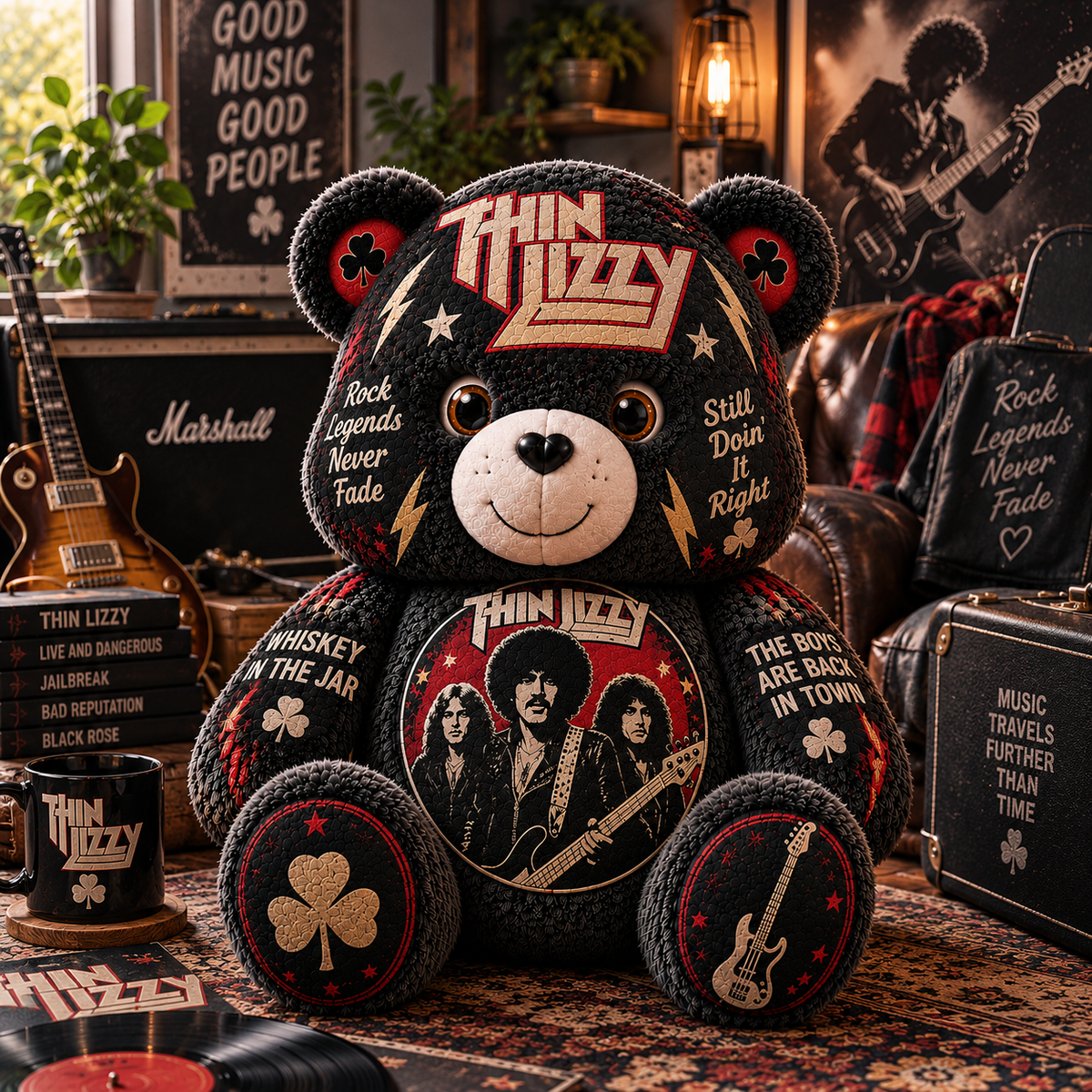 Thin Lizzy Custom Shaped Bear Pillow – Classic Rock Music Inspired Gift for Thin Lizzy Fans