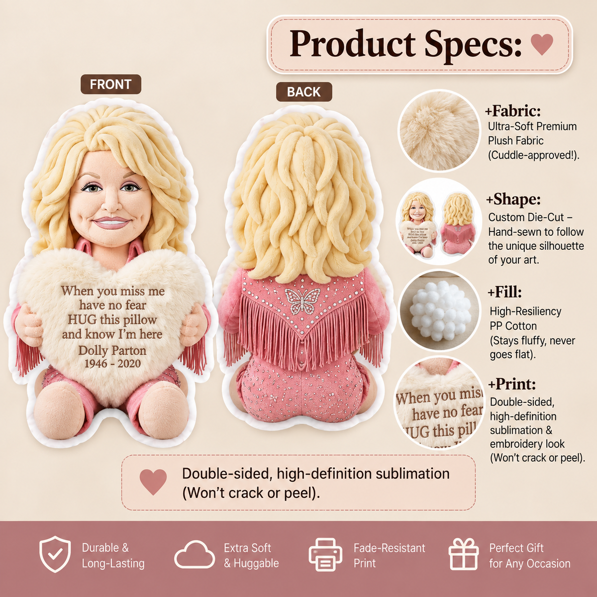 Dolly Parton When You Miss Me – Memorial Shaped Pillow