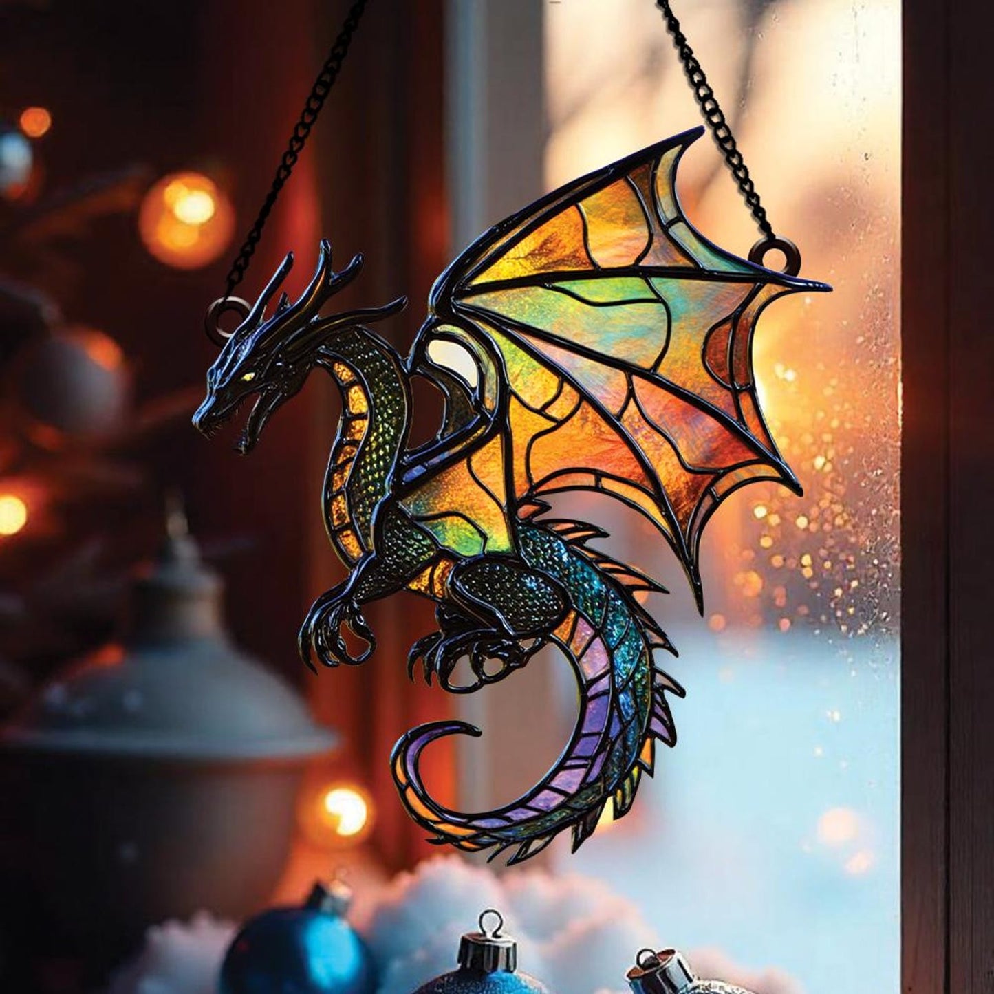Fantasy Dragon Stained Glass Window Hanging