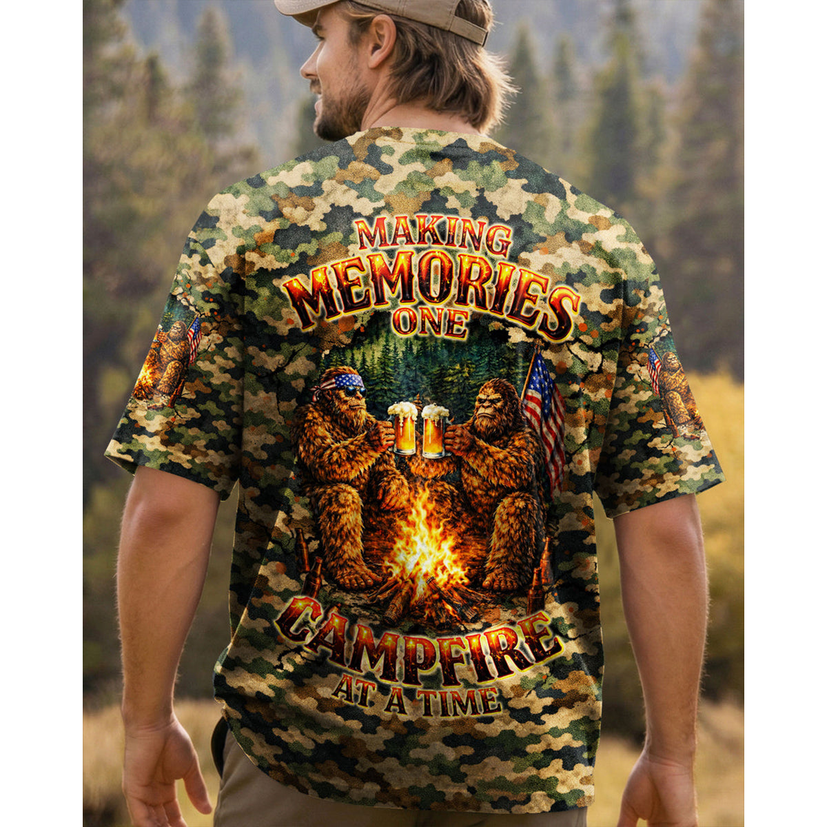 MAKING MEMORIES ONE CAMPFIRE AT A TIME BIGFOOT CAMOUFLAGE ALL OVER PRINT SHIRT