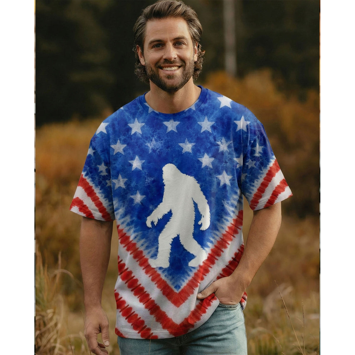 BIGFOOT FLAG RED WHITE & BLUE SWIRL ALL OVER PRINT SHIRT