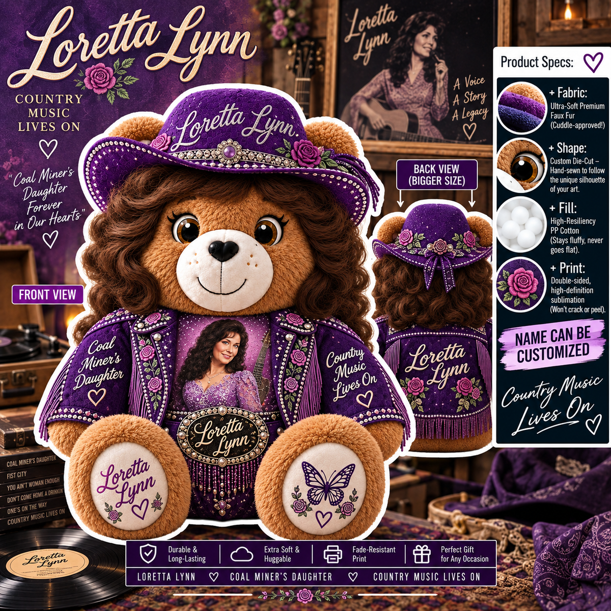 Loretta Lynn Custom Shaped Bear Pillow – Coal Miner’s Daughter Country Music Inspired Gift for Loretta Lynn Fans