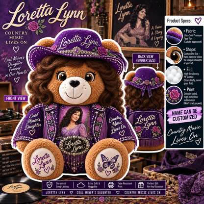 Loretta Lynn Custom Shaped Bear Pillow – Coal Miner’s Daughter Country Music Inspired Gift for Loretta Lynn Fans