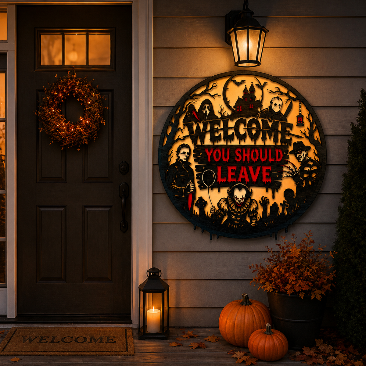 Welcome You Should Leave Horror Wall Sign – Halloween Horror Decor for Scary Movie Lovers