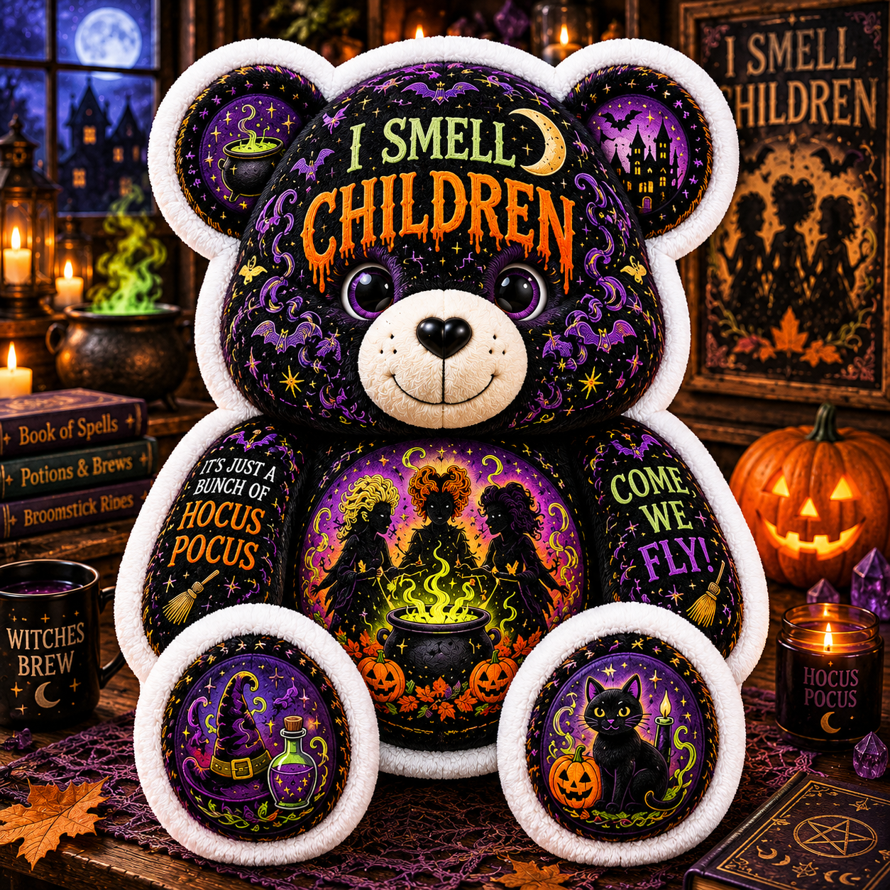I Smell Children Witch Bear Custom Shaped Pillow – Hocus Pocus Halloween Spooky Gift