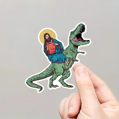 Funny Offensive Jesus Riding Dinosaur Sticker