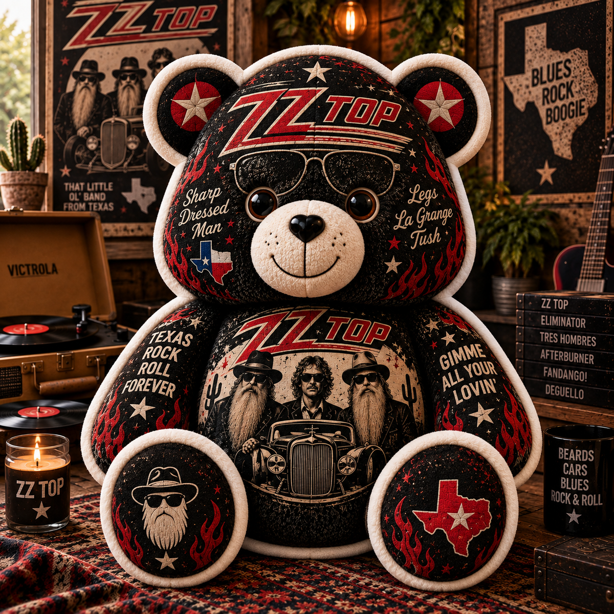 ZZ Top Bear Custom Shaped Pillow – Texas Blues Rock Music Fan Gift