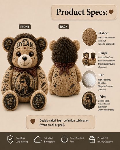 Bob Dylan Blowin’ in the Wind Bear Custom Shaped Pillow – Folk Rock Legend Music Lover Gift