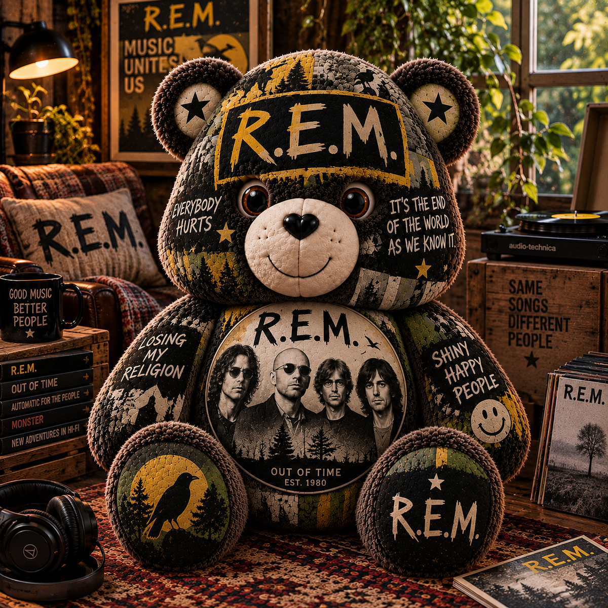 R.E.M. Bear Custom Shaped Pillow – Alternative Rock Music Fan Gift