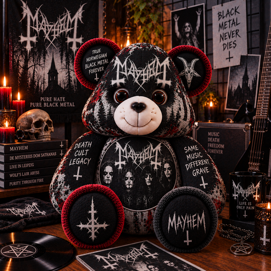 Mayhem Custom Shaped Bear Pillow – Norwegian Black Metal Inspired Gift for Fans