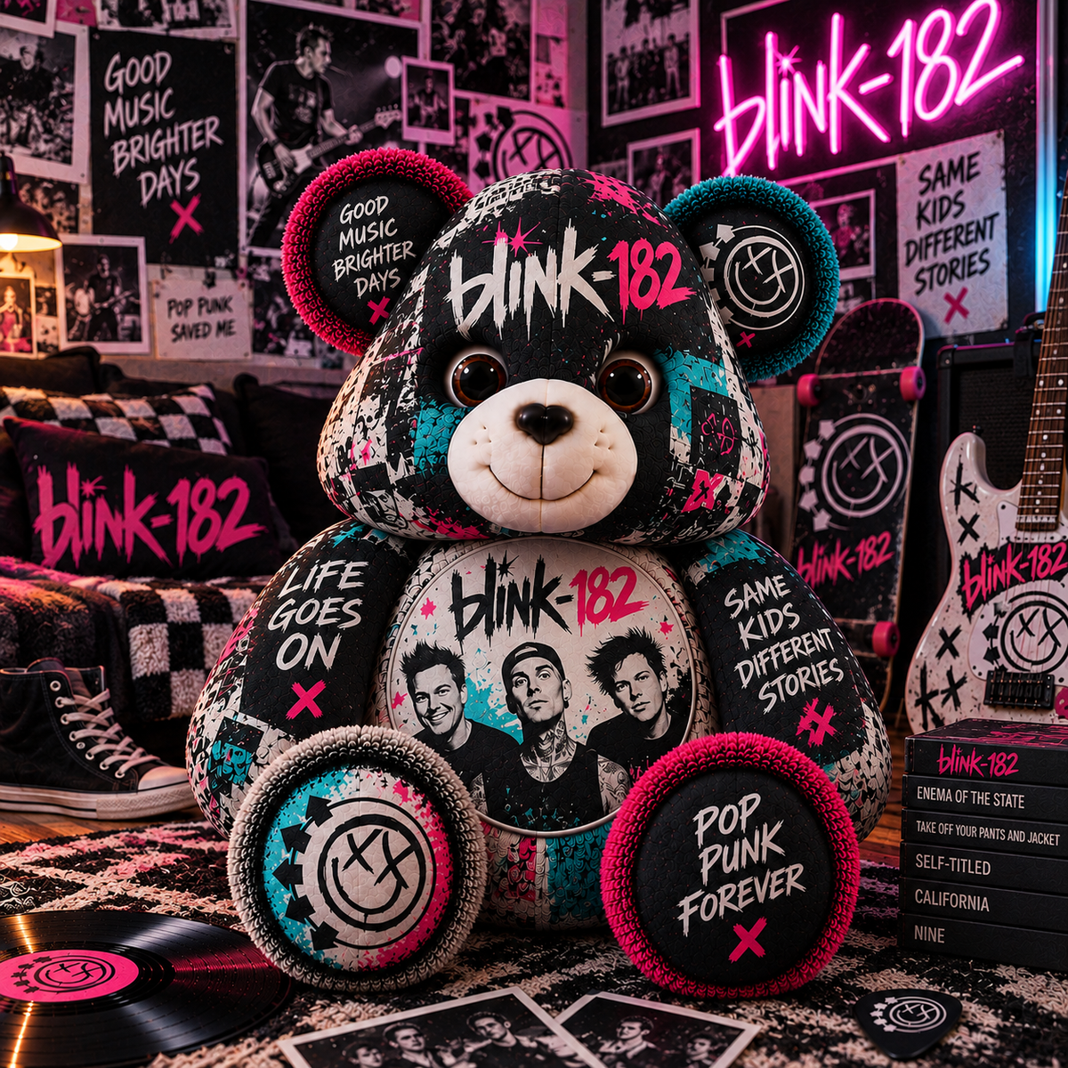 Blink-182 Custom Shaped Bear Pillow – Pop Punk Music Inspired Gift for Fans