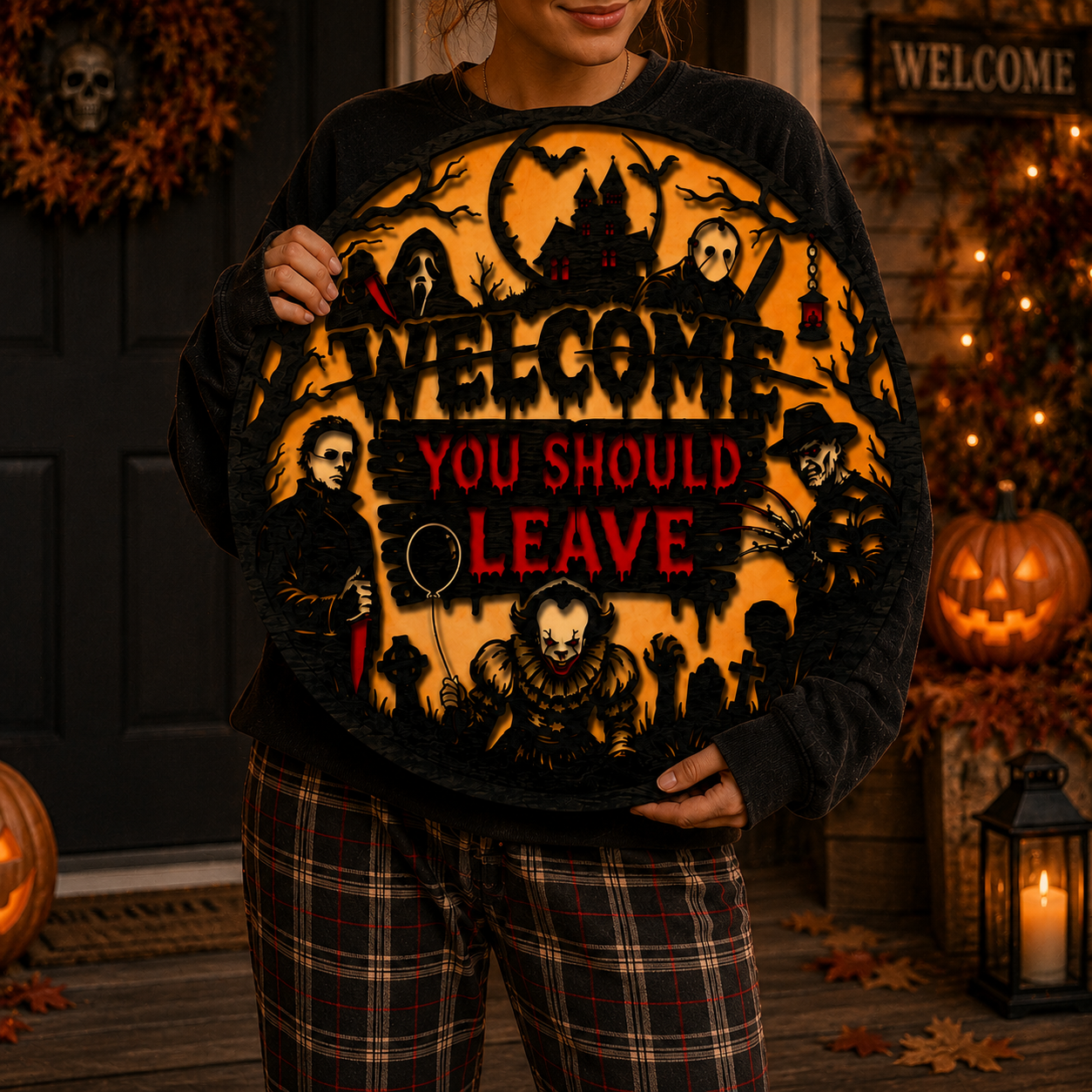 Welcome You Should Leave Horror Wall Sign – Halloween Horror Decor for Scary Movie Lovers