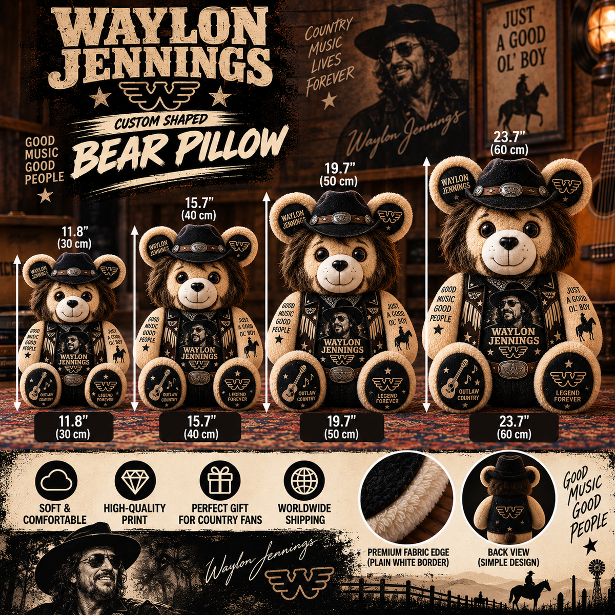 Waylon Jennings Custom Shaped Bear Pillow – Outlaw Country Music Inspired Gift for Waylon Jennings Fans