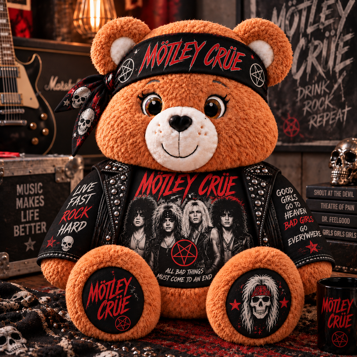 Mötley Crüe Custom Shaped Bear Pillow – Live Fast Rock Hard Hair Metal Rock Music Inspired Gift for Mötley Crüe Fans