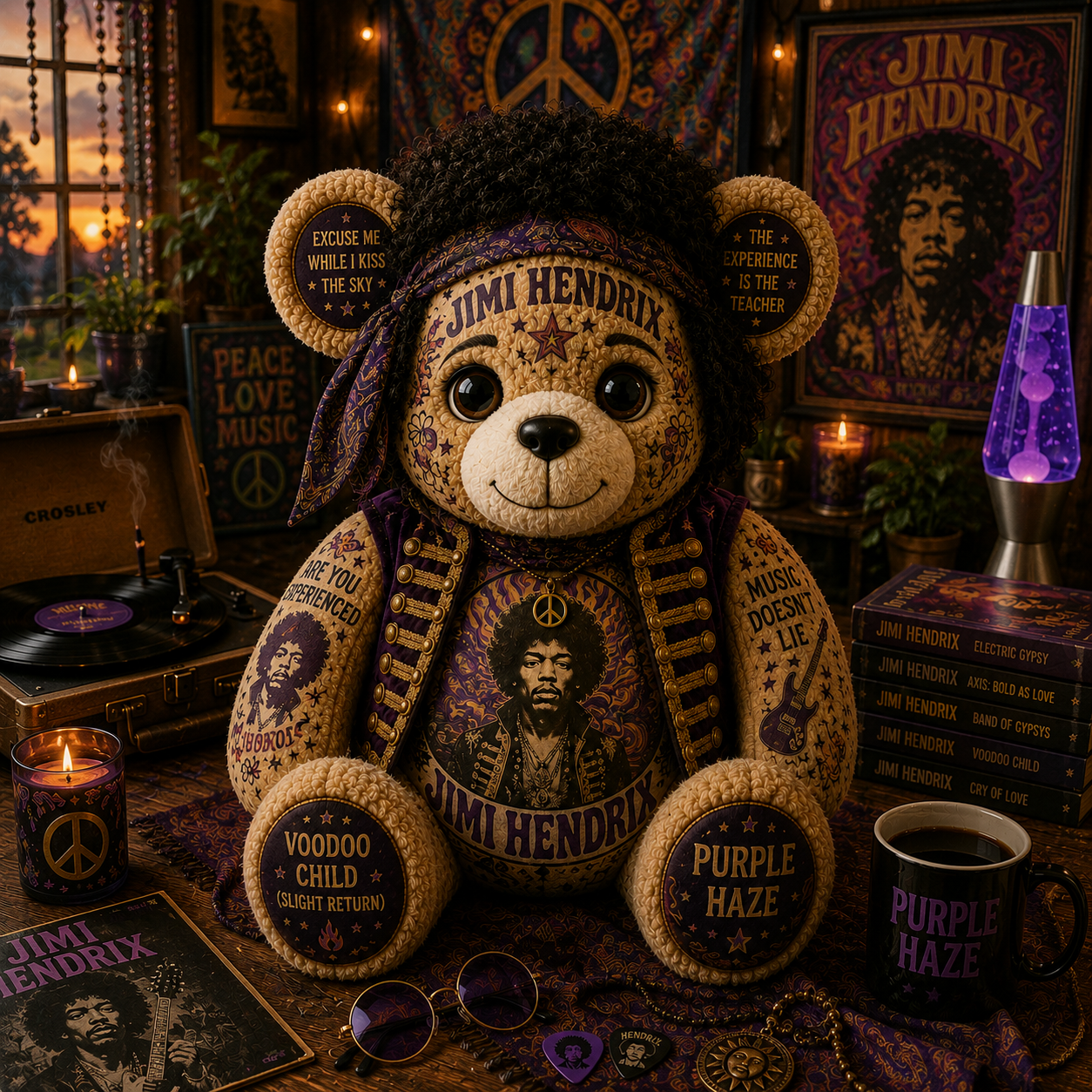 Jimi Hendrix Purple Haze Bear Custom Shaped Pillow – Psychedelic Rock Legend Music Lover Gift