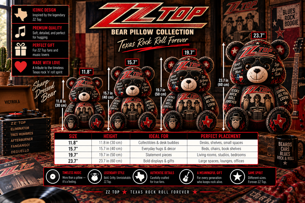 ZZ Top Bear Custom Shaped Pillow – Texas Blues Rock Music Fan Gift